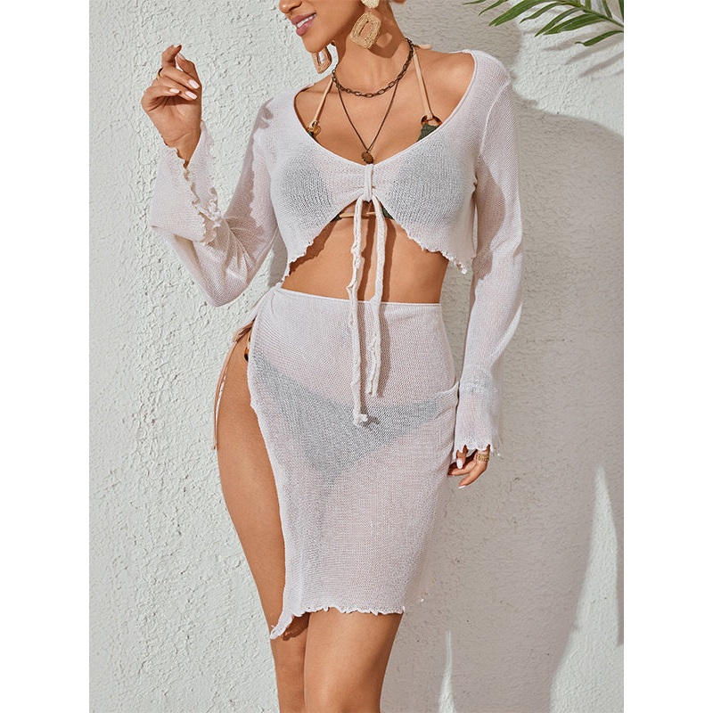 ZASUWA Female Sexy Fishnet Hollow Out 2-Pieces Swimwear Cover-up Dress Without Bikini