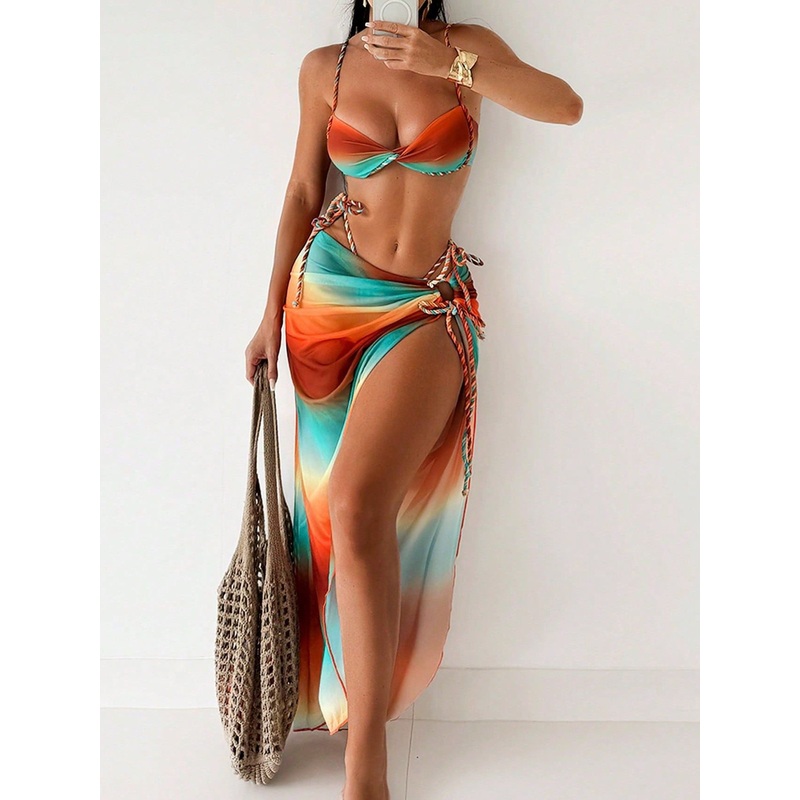 ZASUWA Female Sexy Hot Tie-dye Weave Rainbow Contrast Color 3-Pieces Bikini Set