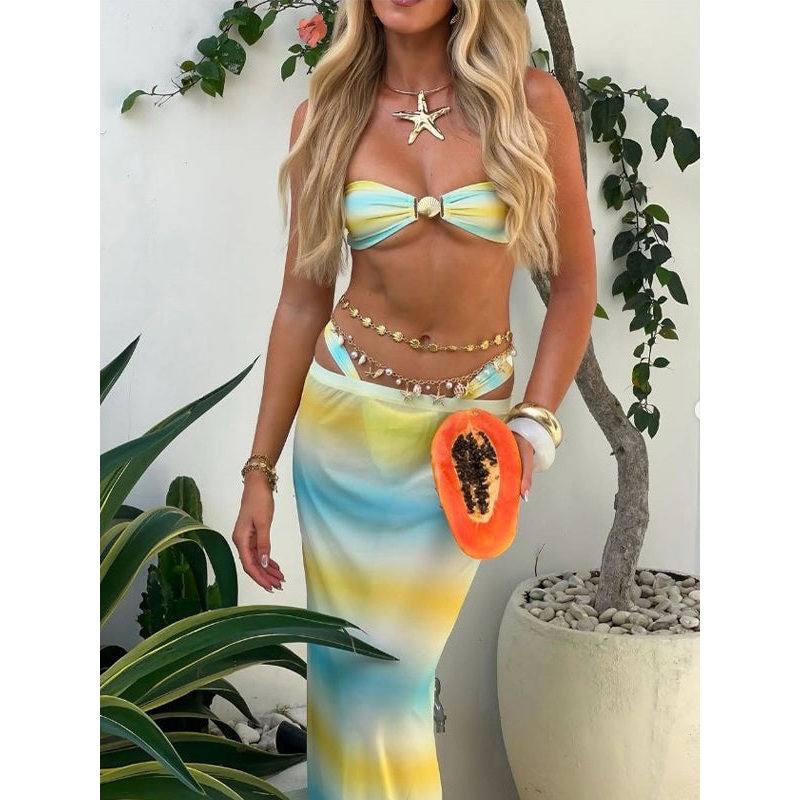ZASUWA Female Unique Hot Tie-dye Shell Mesh 3-Pieces Bikini Set