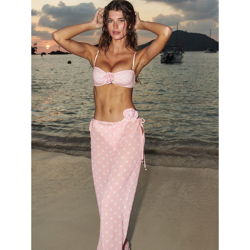 ZASUWA Female Wave Point Flowers 3-Pieces Lace-up Bikini Set