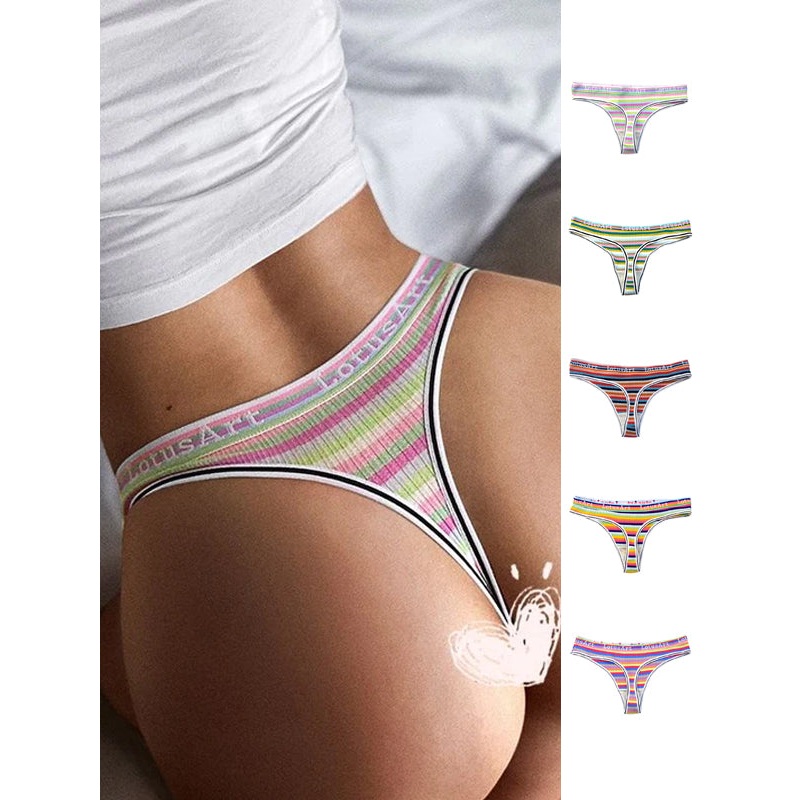 ZASUWA Female Letter Print Rainbow Stripe T-back Panties