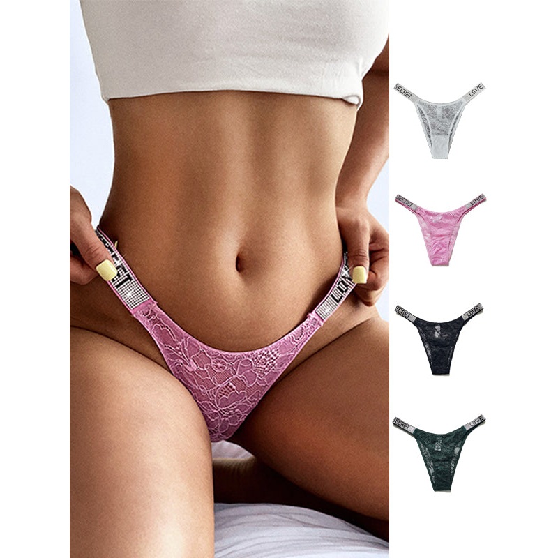 ZASUWA Female Letters Print Dazzling Crystal Lace Underwear