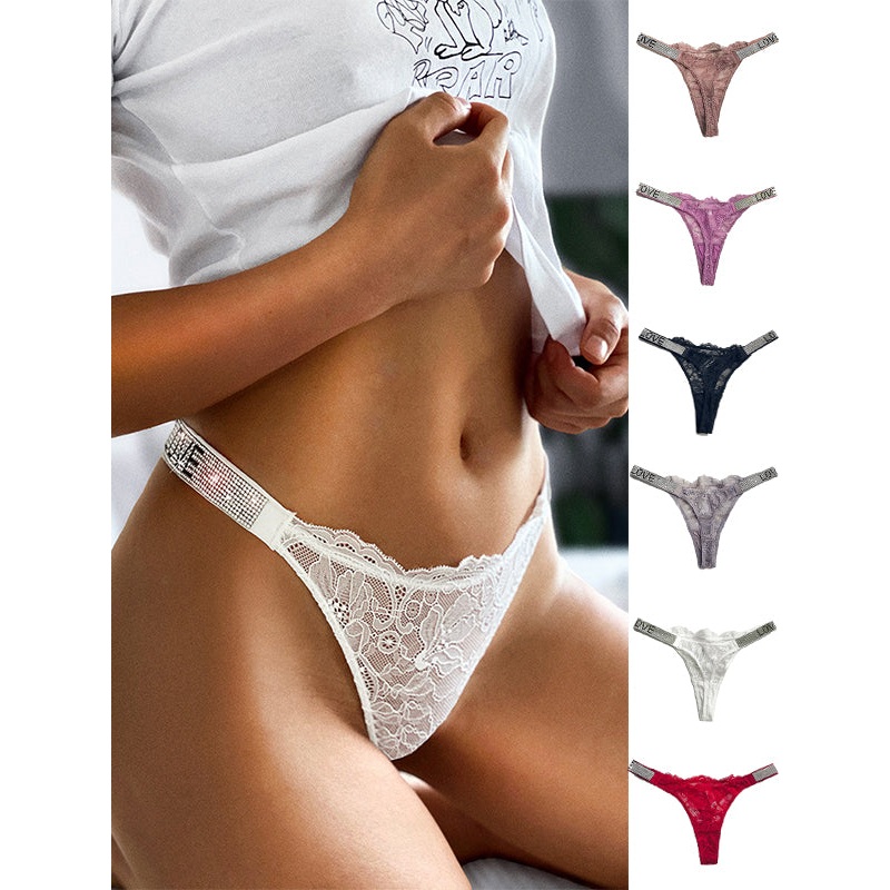 ZASUWA Female Love Print Lace Dazling Diamond Thong