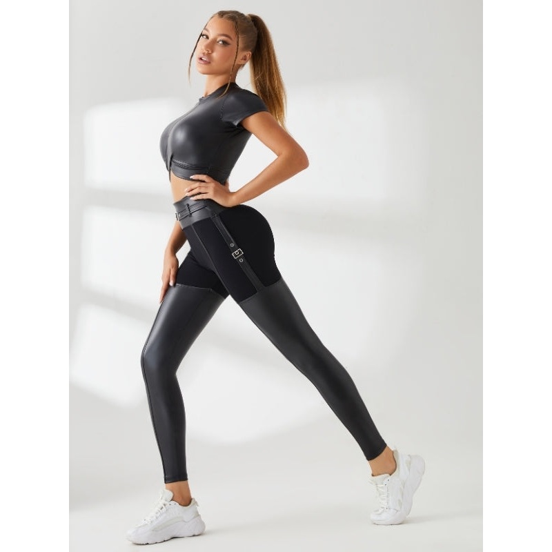 ZASUWA Female PU Glossy Metal Buttons Hip-lift Sportswear