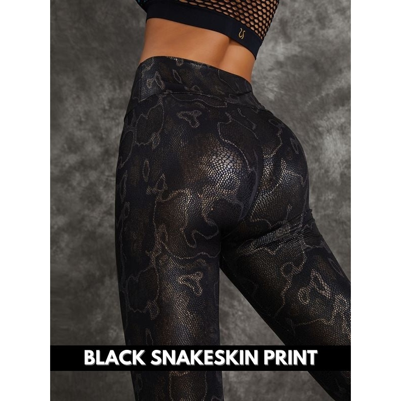 ZASUWA Female Super Stretchy Faux Leather Black Snake Print Leggings