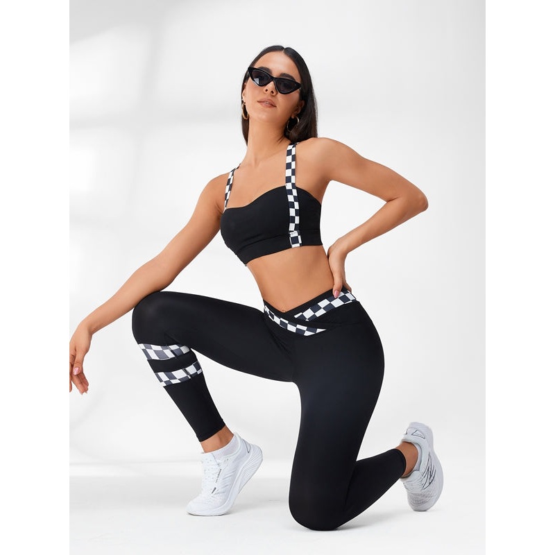 ZASUWA Female Chessboard Cross Back V Shaped-waist Tracksuit
