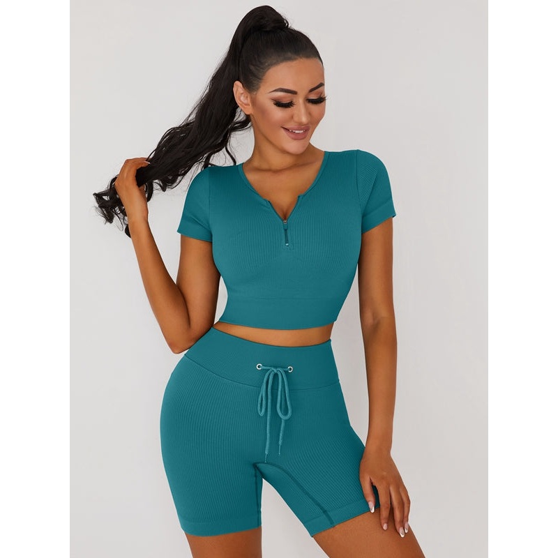 ZASUWA Female Knitted Chest Zipper Drawstring Ribbed Short Tracksuit