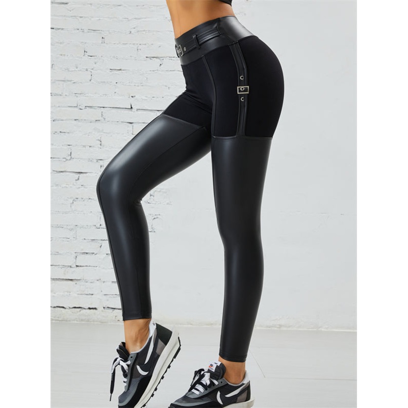 ZASUWA Female Mesh Thumbhole  PU Glossy Metal Buttons Hip-lift Leggings