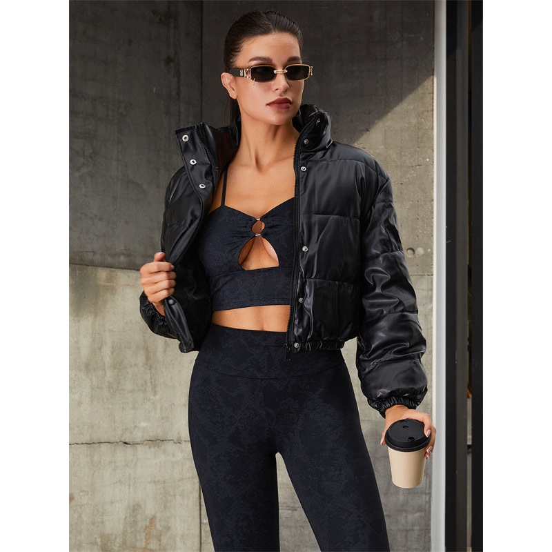 ZASUWA Female Snake Print Hollow Out Pocket PU Sportswear