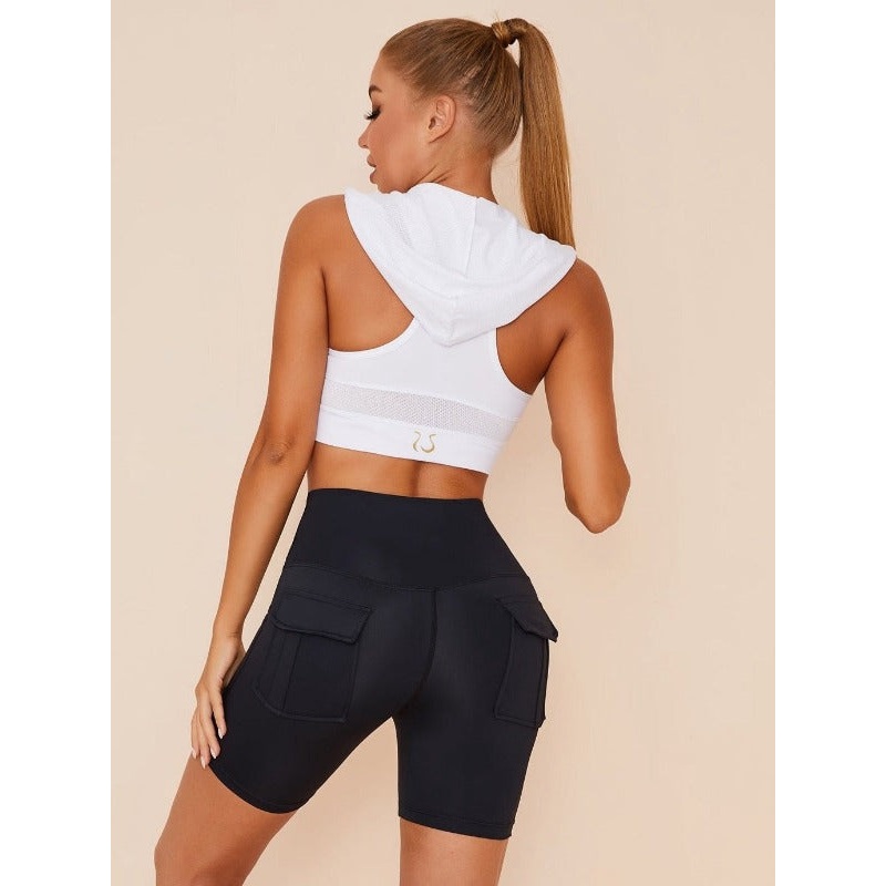 ZASUWA Female Solid Color Hooded Vests Pockets Short Tracksuit