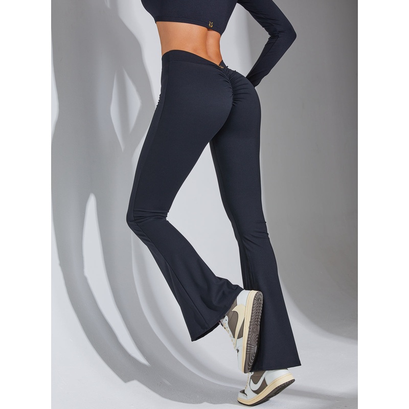 ZASUWA Female Deep V Back Scrunch Bum Flare Front Folds Thumbhole Leggings
