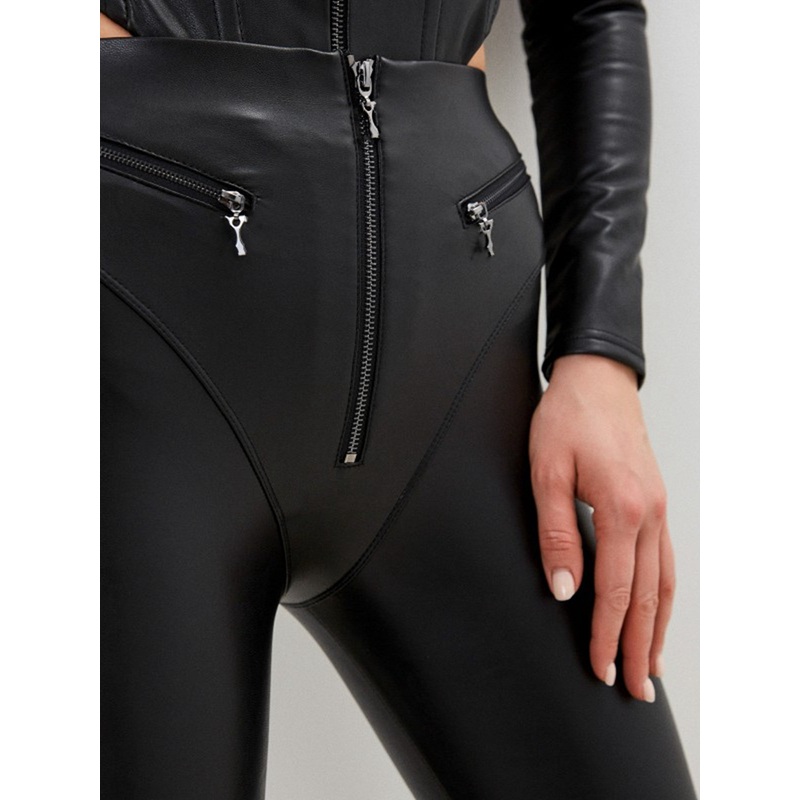 ZASUWA Female PU Zipper Fly-eye Hip-lift Leggings