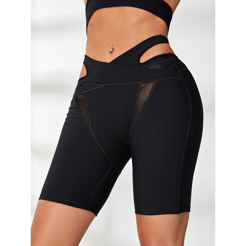 ZASUWA Female Ribbed Cutout Mesh Spandex Gym Booty Shorts