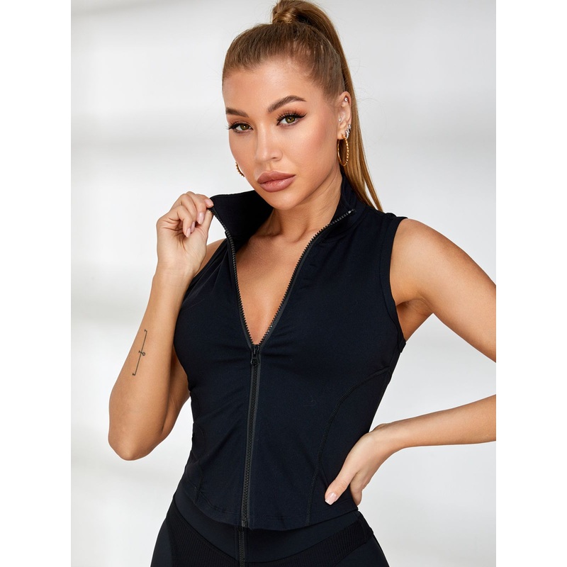 ZASUWA Female Solid Color Stand Collar Zipper Tanks