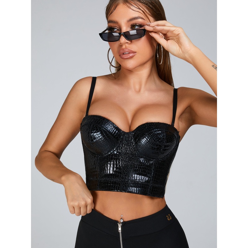 ZASUWA Female Buttons Cutout Mesh Zipper Faux Leather Bras