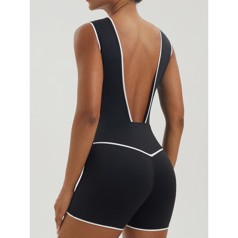 ZASUWA Female Contrast Color V-neck Backless with Chest Pads Romper