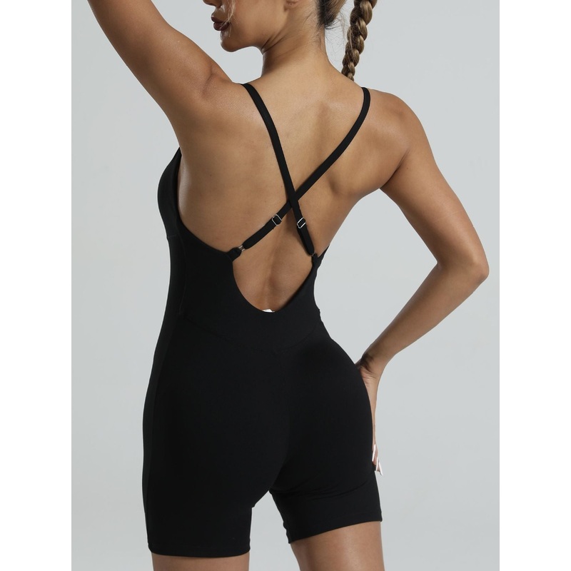 ZASUWA Female Cross Back Adjustable Shoulder Straps Deep V Hollow Out Scrunch Bum Romper