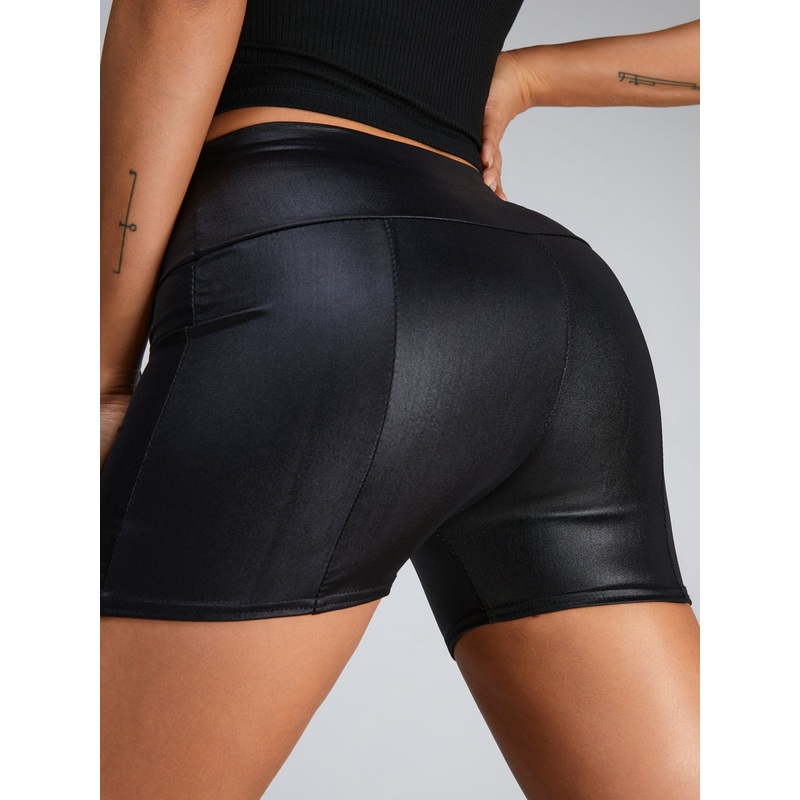 ZASUWA Female Glossy PU Faux Leather Peach Butt Spandex Gym Booty Shorts