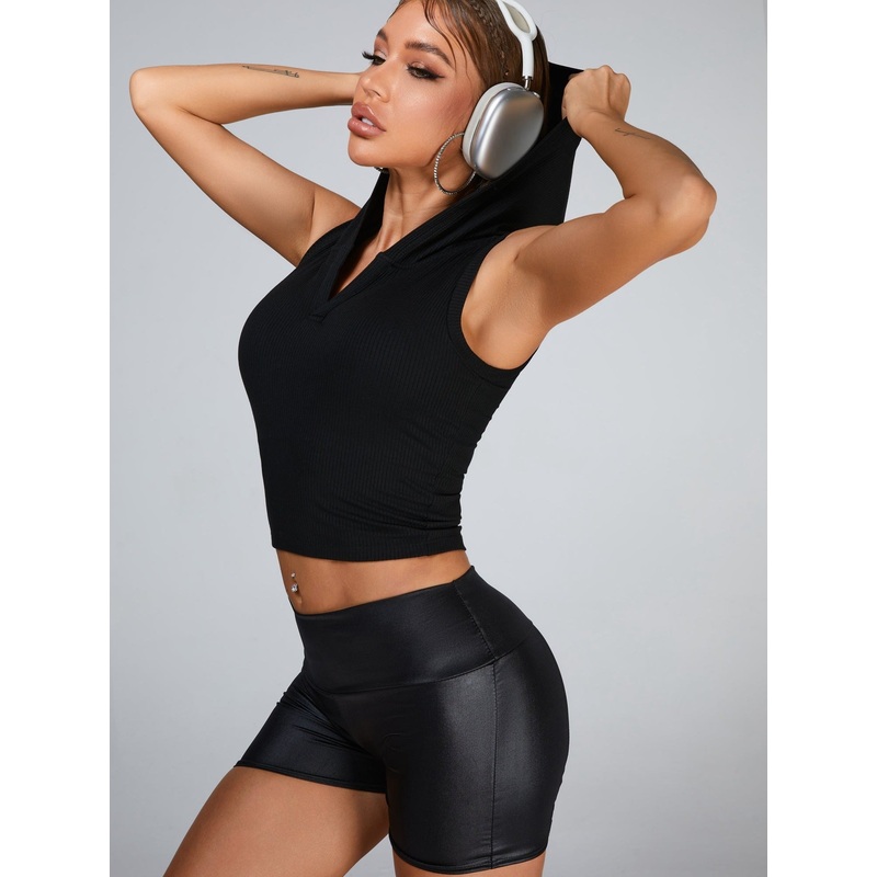 ZASUWA Female Glossy PU Faux Leather Sweat-absorbent Hooded Short Tacksuit