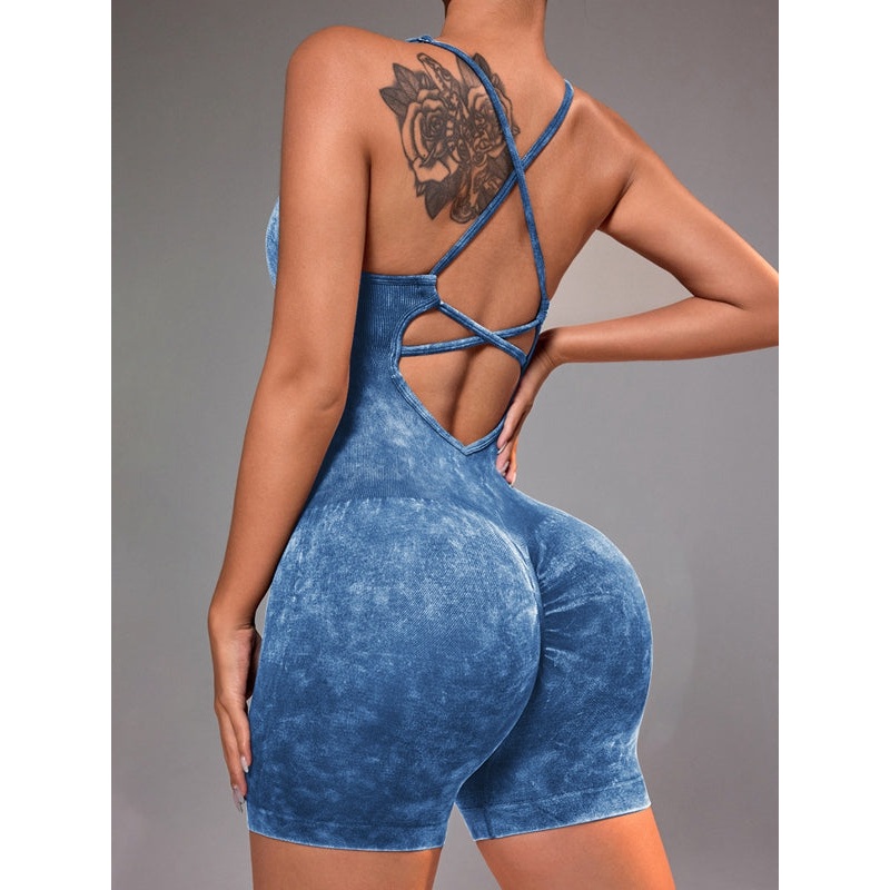 ZASUWA Female Imitation Denim Frosted Nude Sensation Cross Back Hollow Out Romper