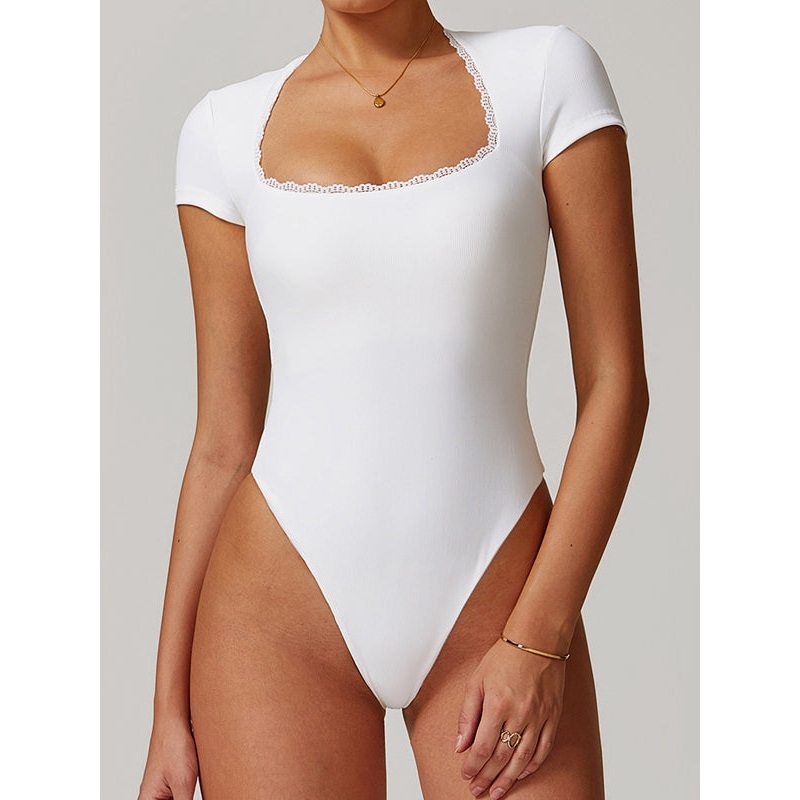 ZASUWA Female Sexy Ribbed Lace Edge Bodysuit