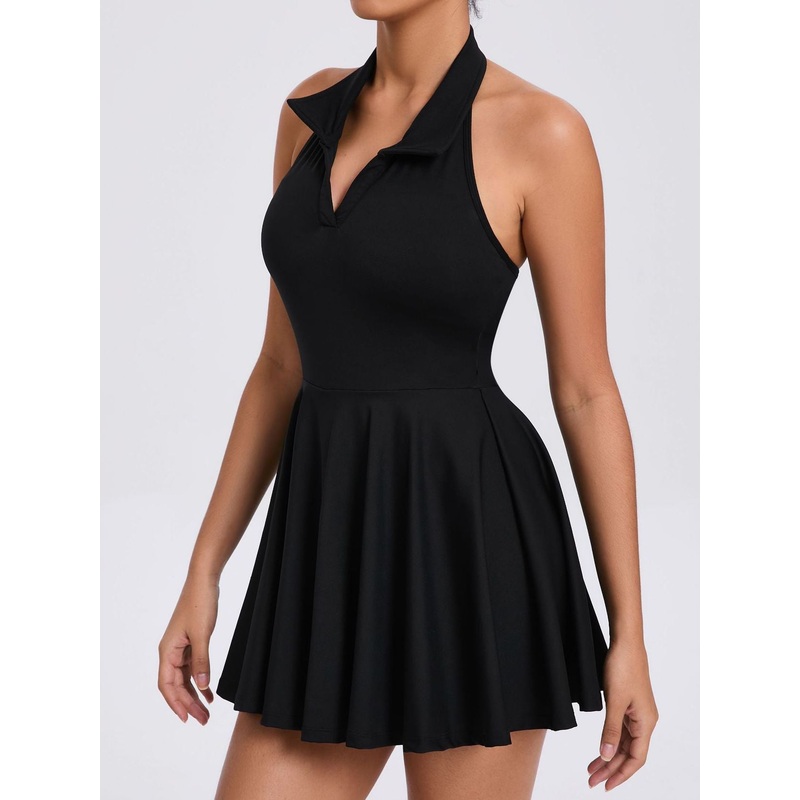 ZASUWA Female Stand up collar Backless 2 in1 Pocket Short Dress