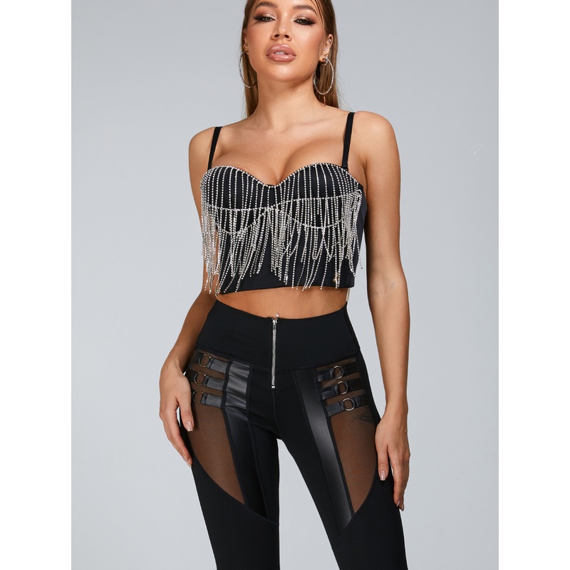 ZASUWA Female Stitching Sexy Cutout Mesh Beading Tassel Corset Tracksuit