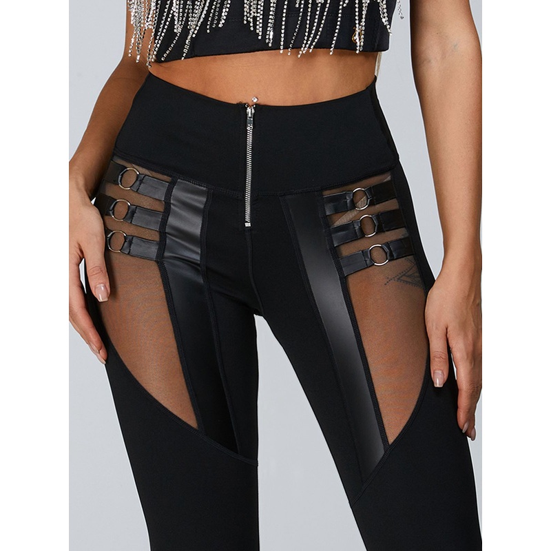 ZASUWA Female Stitching Sexy Cutout Mesh Zipper Leggings