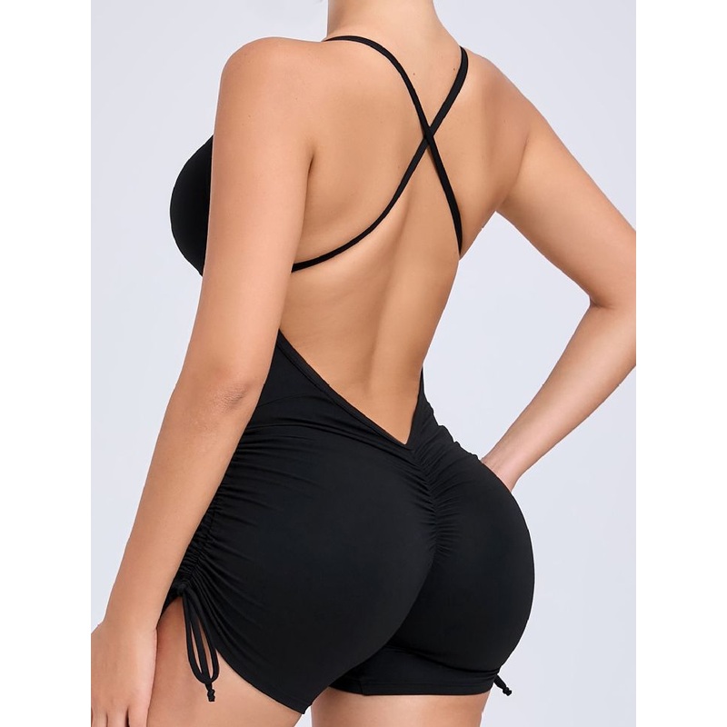 ZASUWA Female V-neck Cross Back Scrunch Bum Drawstring Romper