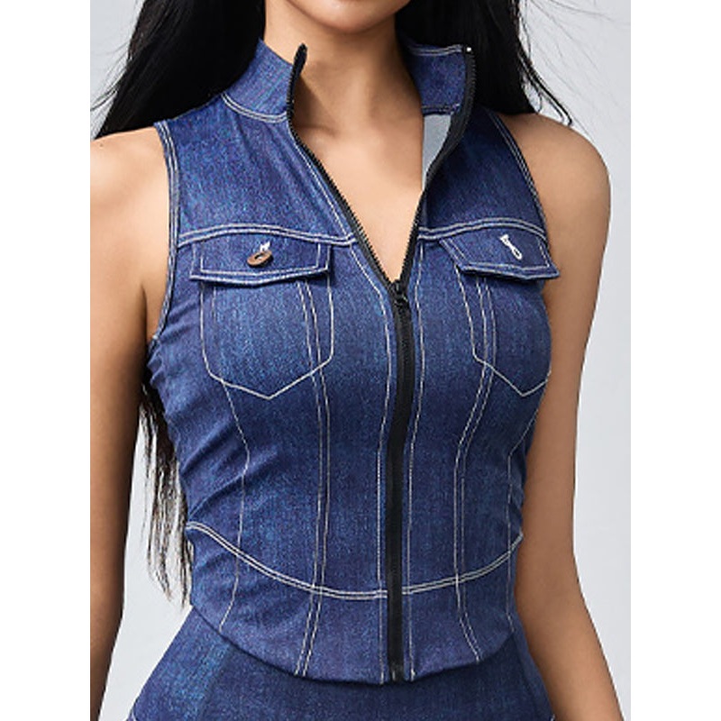ZASUWA Female Denim Zipper Stand Up Collar Tank