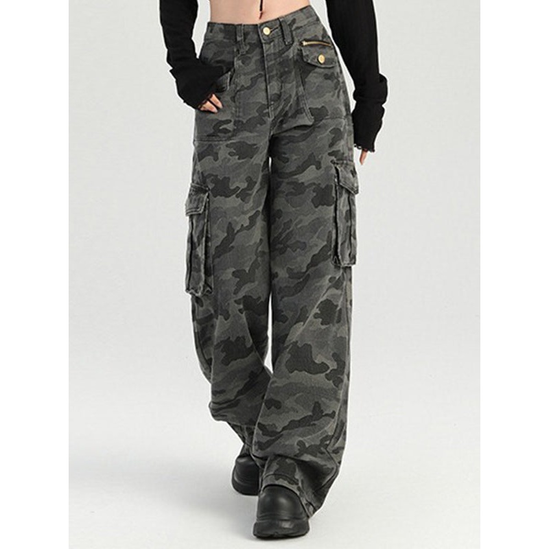 ZASUWA Female Pocket Casual Cargo Camouflage Print Pants
