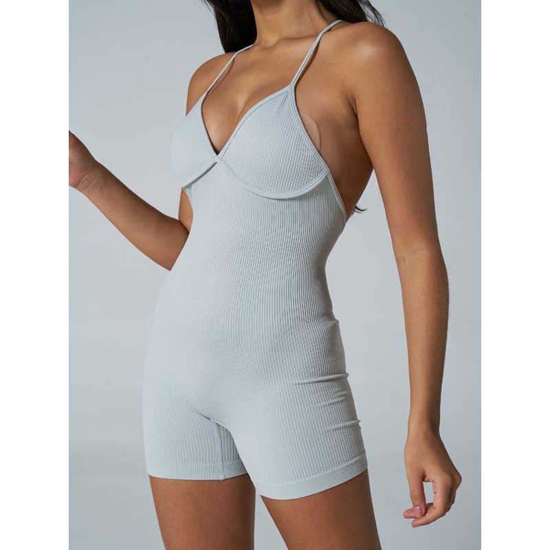 ZASUWA Female Ribbed Cross Back Deep V Collar Romper