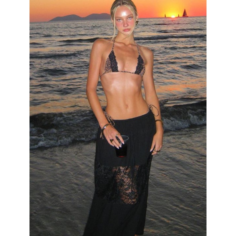 ZASUWA Female Sexy Leopard Print Lace 3-Pieces Bikini Set