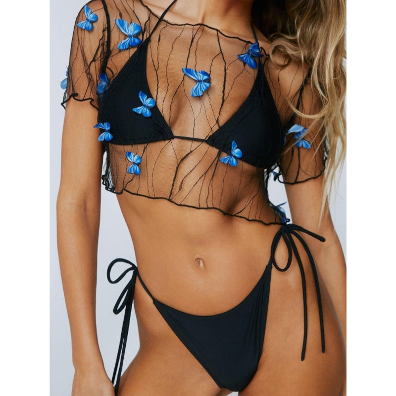 ZASUWA Female Sexy Mesh Butterfly Print 3 Pieces Lace-up Bikini Set