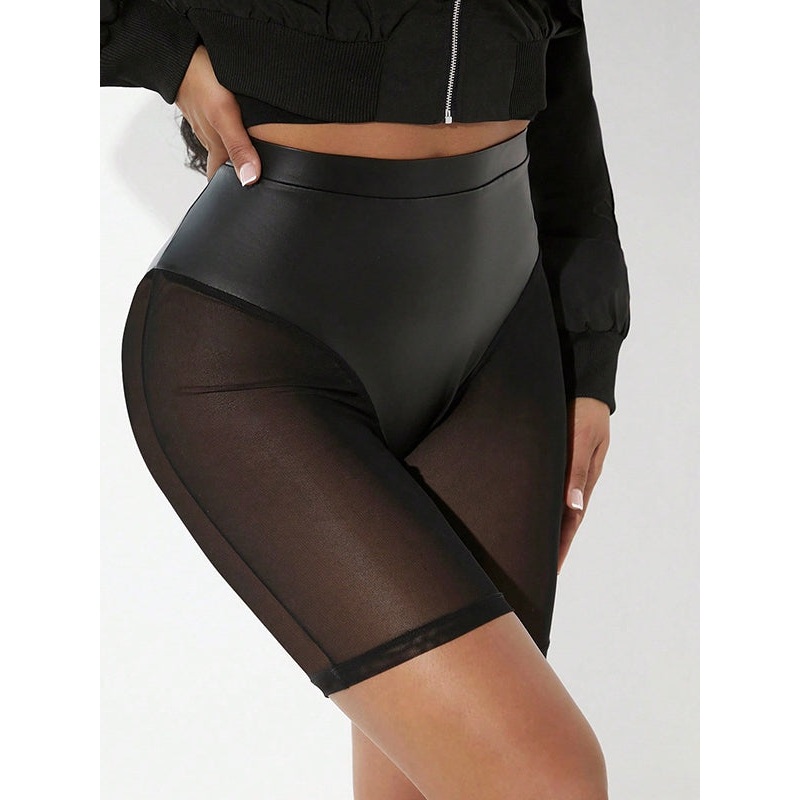 ZASUWA Female Sexy Sheer Mesh Faux Leather High Waist Hip Lift Shorts