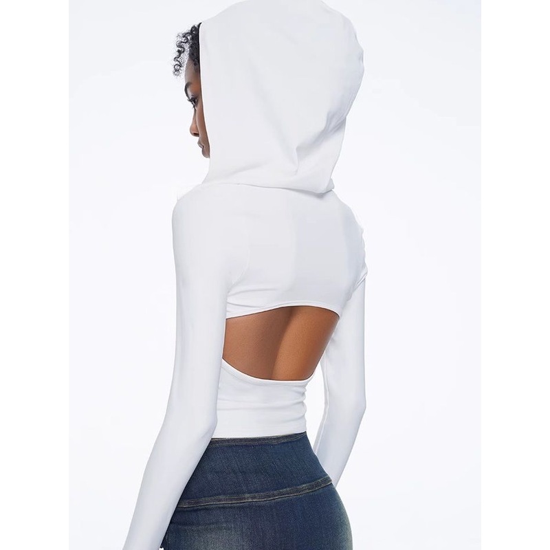ZASUWA Female Solid Color Hollow Out Hooded Elastic Tight Long Sleeves