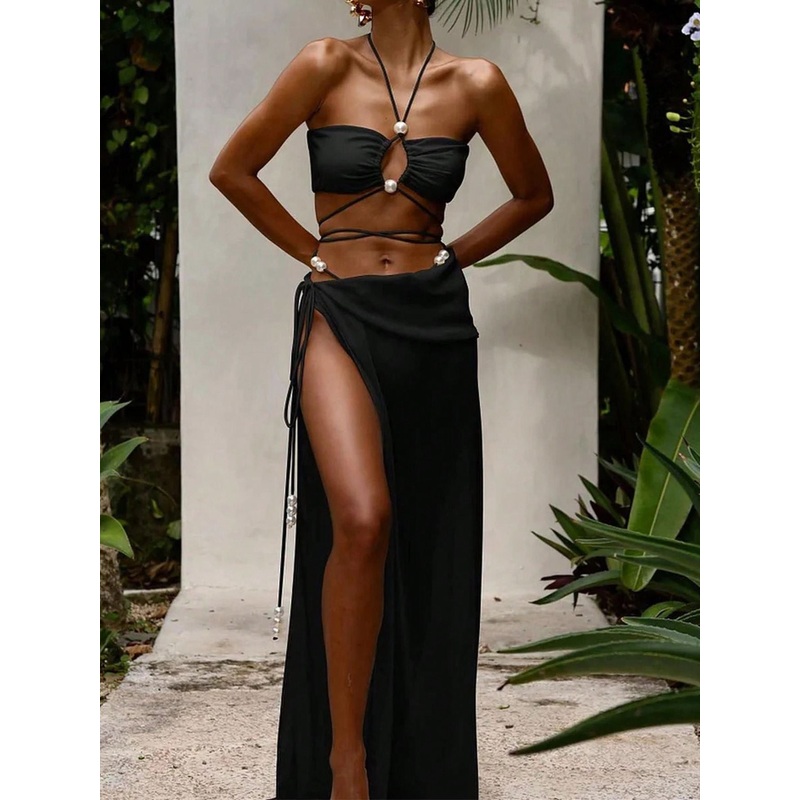 ZASUWA Female Solid Color Pearl Lace-up Hollow Out 3-Pieces Mesh Bikini Set