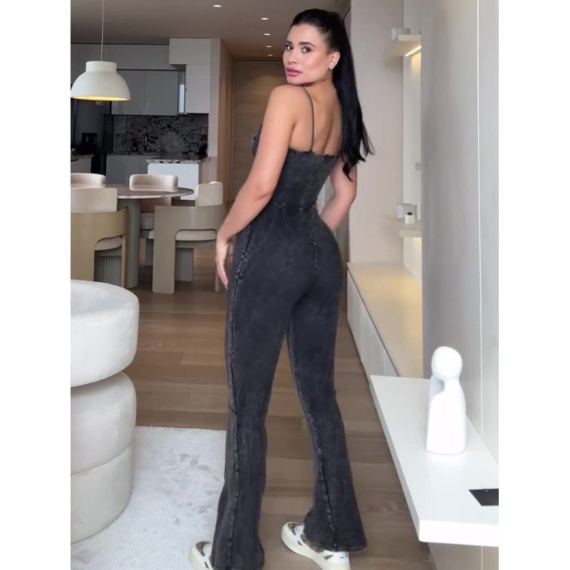 ZASUWA Female Square Collar Cowboy Backless Elastic Tight Flare Jumpsuits