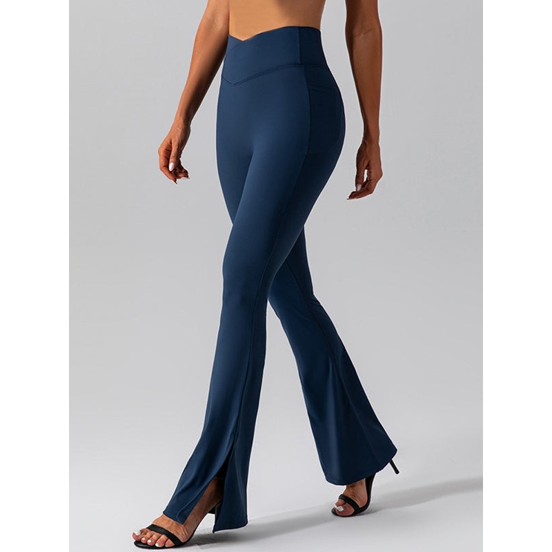ZASUWA Female V-shape Waist Pocket Solid Color Split High-waisted Flare Pants
