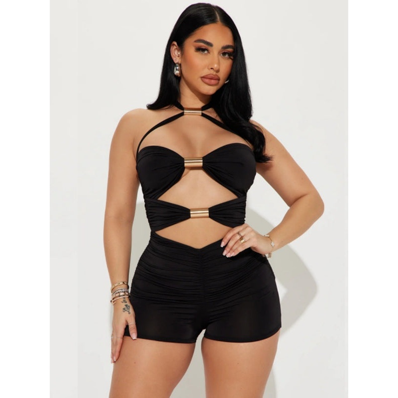 ZASUWA Female Sexy Halter Hollow Out Scrunch Bum Short Romper