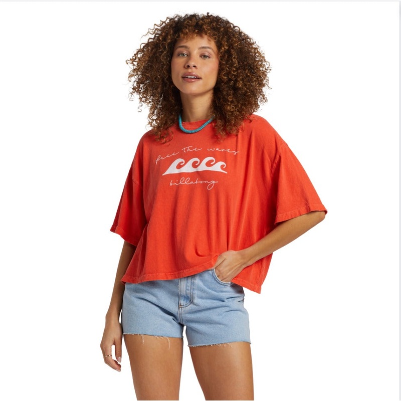 Billabong Hot Fun Cropped Oversized T-Shirt - Sunset Red