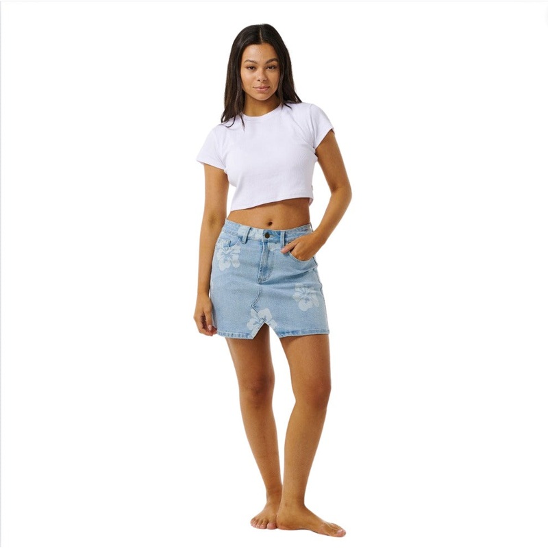 Rip Curl Hibiscus Heat Overdyed Denim Skirt - Light Blue